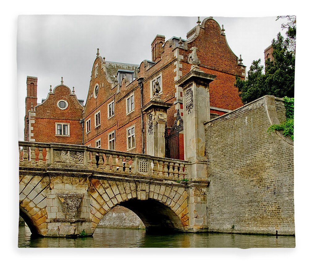 The Backs Fleece Blanket featuring the photograph Kitchen or Wren bridge and St. Johns College from the Backs. Cambridge. by Elena Perelman