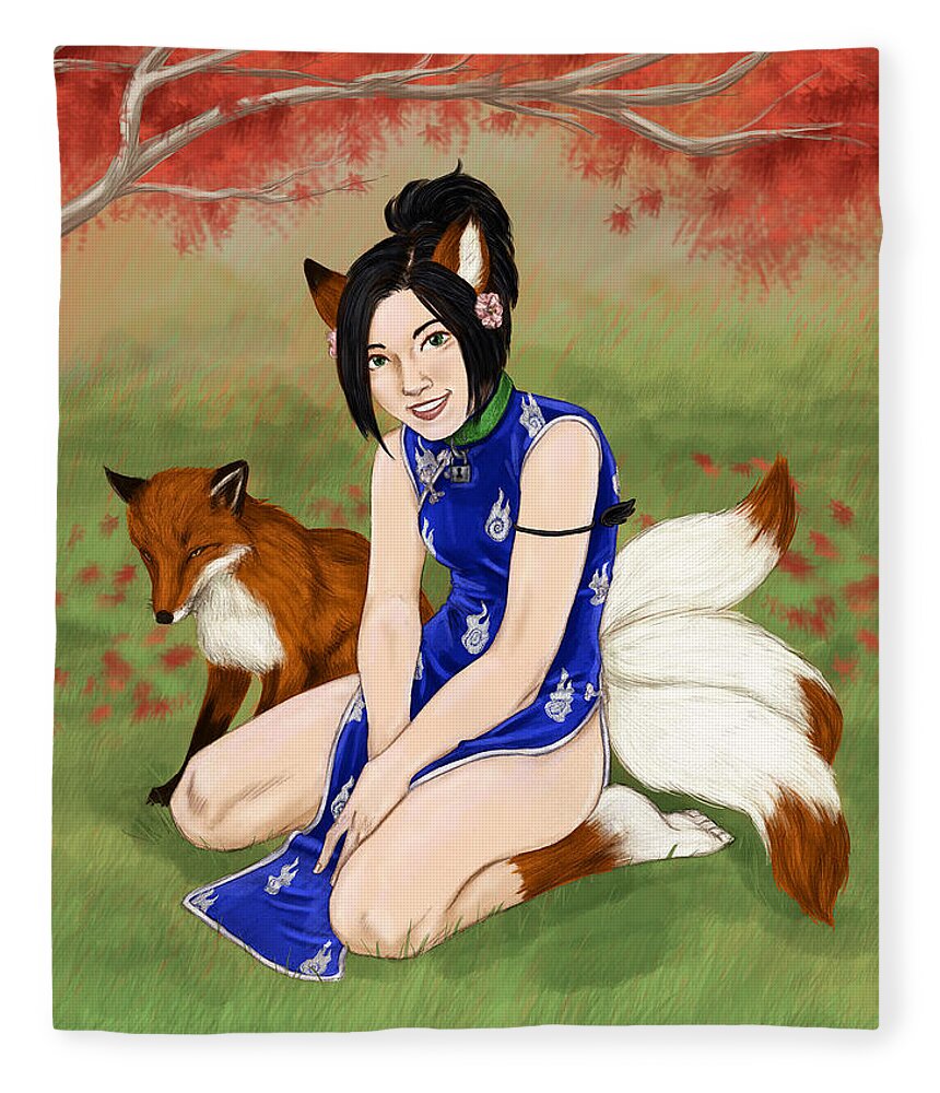 Photoshop Fleece Blanket featuring the digital art Kitsune Girl by Brandy Woods
