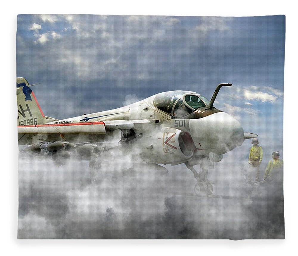 A Grumman A6 Intruder From Va-52 The 'knight Riders Ready For Launch From The Uss Kitty Hawk Fleece Blanket featuring the digital art Knight Riders by Airpower Art