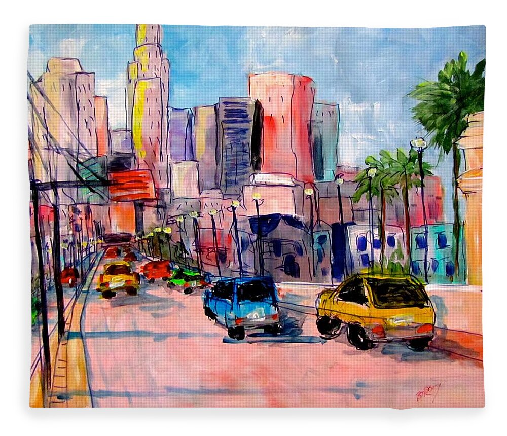 City Fleece Blanket featuring the painting L A 1st St Bridge by Barbara O'Toole