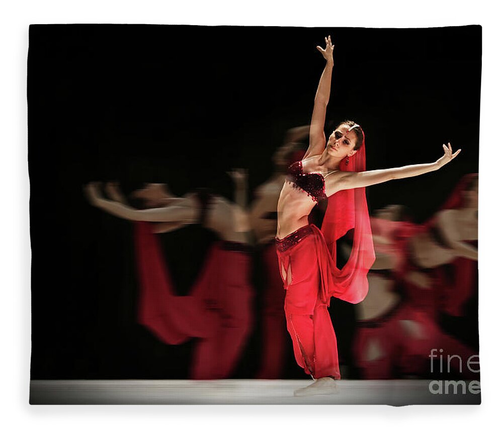 Ballet Fleece Blanket featuring the photograph La Bayadere Ballerina in red tutu ballet by Dimitar Hristov