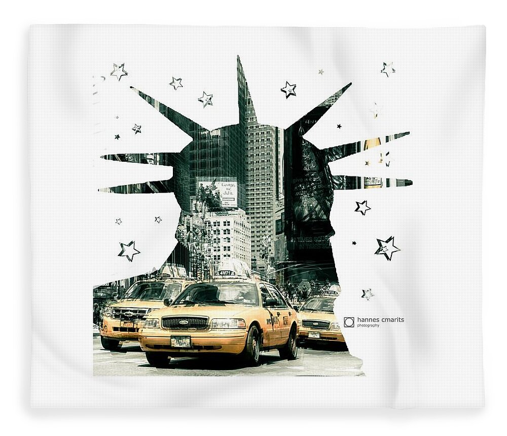 Graphical Fleece Blanket featuring the photograph Lady Liberty And The Yellow Cabs by Hannes Cmarits
