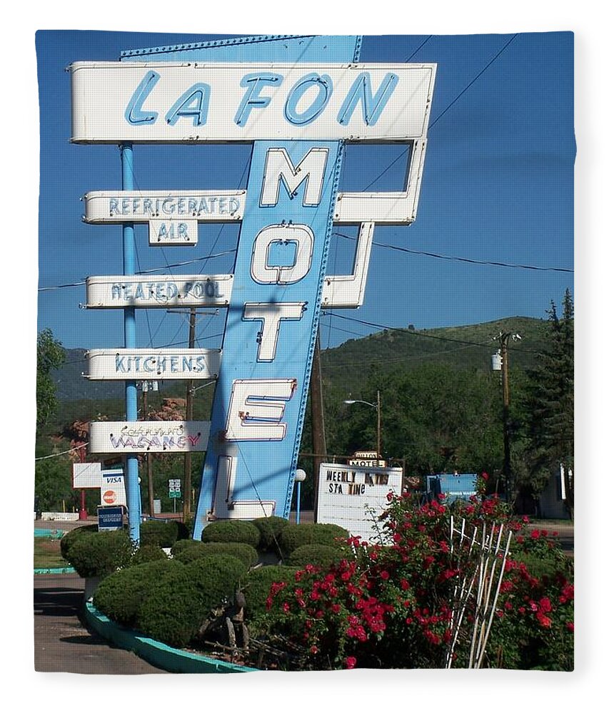 Vintage Motel Signs Fleece Blanket featuring the photograph LaFon Motel by Anita Burgermeister