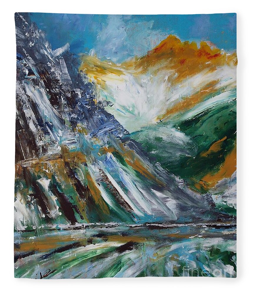 Mountains Fleece Blanket featuring the painting Lake And Alps by Lidija Ivanek - SiLa