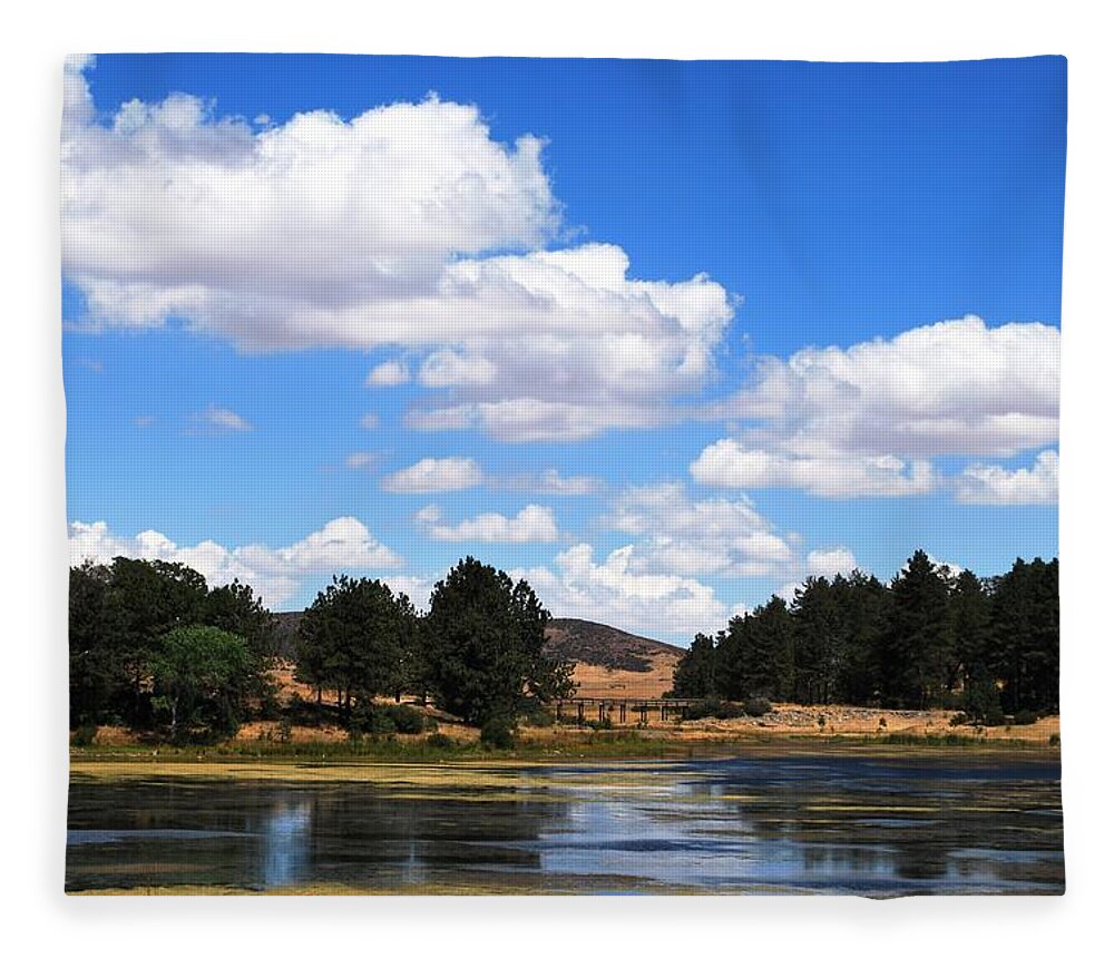 Tree Fleece Blanket featuring the photograph Lake Cuyamac Landscape and Clouds by Matt Quest