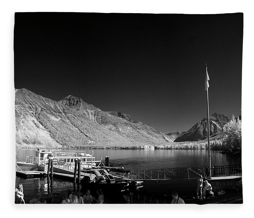 Black & White Infrared Fleece Blanket featuring the photograph Lake McDonald Boat Dock 2 by Lee Santa