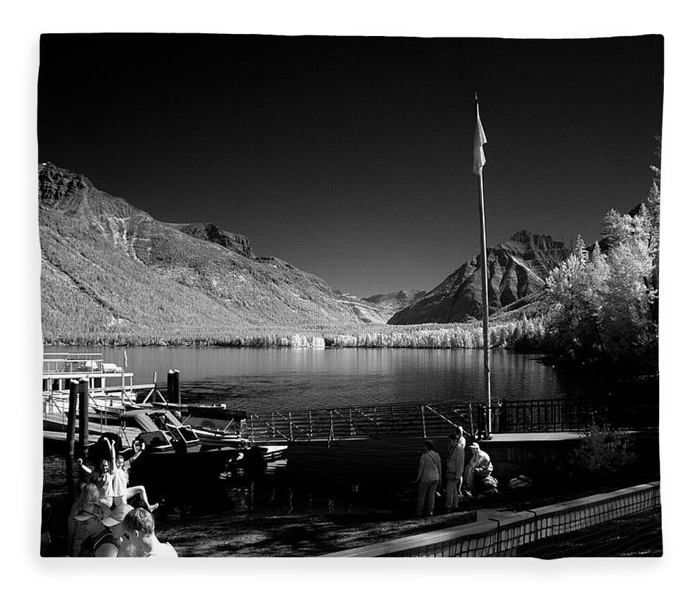 Black & White Infrared Fleece Blanket featuring the photograph Lake McDonald Boat Dock by Lee Santa