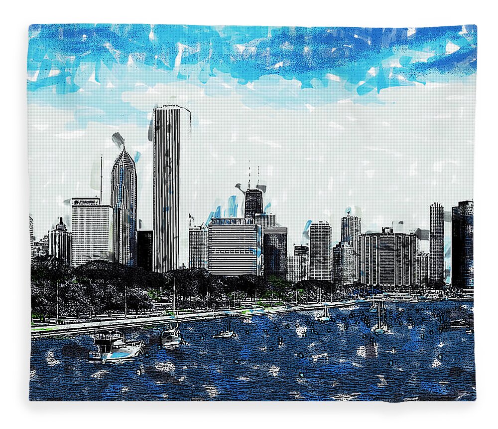 Lake Michigan And The Chicago Skyline Fleece Blanket featuring the painting Lake Michigan and the Chicago Skyline by Dean Wittle