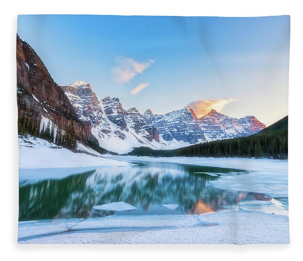Sunset Fleece Blanket featuring the photograph Lake Moraine Sunset by Russell Pugh