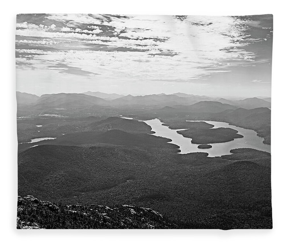 Placid Fleece Blanket featuring the photograph Lake Placid from Whiteface Mountain Adirondacks Upstate New York Wilmington Black and White by Toby McGuire