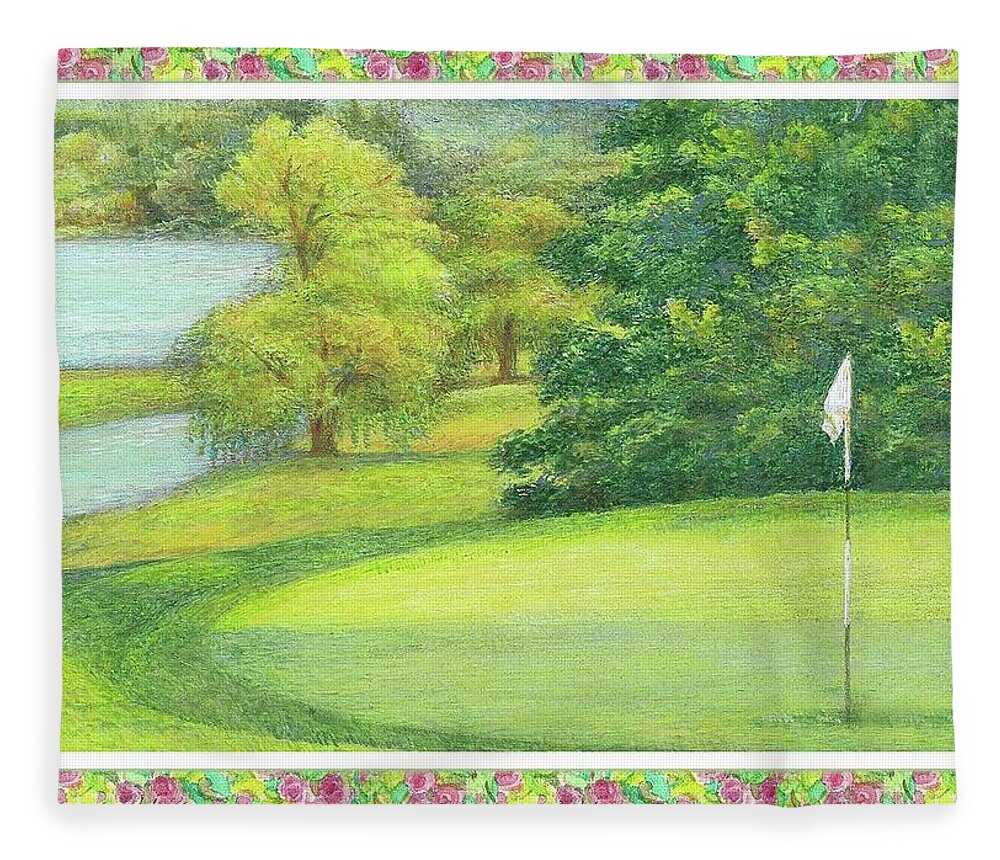 Illustrated Golf Course Fleece Blanket featuring the painting Lakeside Golfing Illustration by Judith Cheng