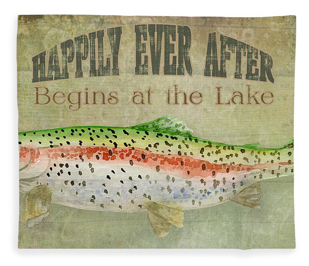 Rainbow Trout Fleece Blanket featuring the painting Lakeside Lodge - Happily Ever After by Audrey Jeanne Roberts