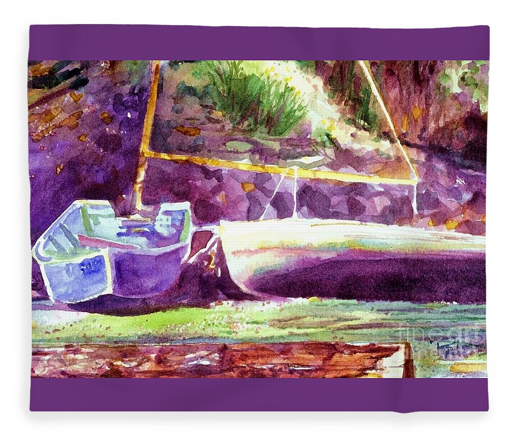 Cynthia Pride Watercolor Paintings Fleece Blanket featuring the painting Landed Boats by Cynthia Pride