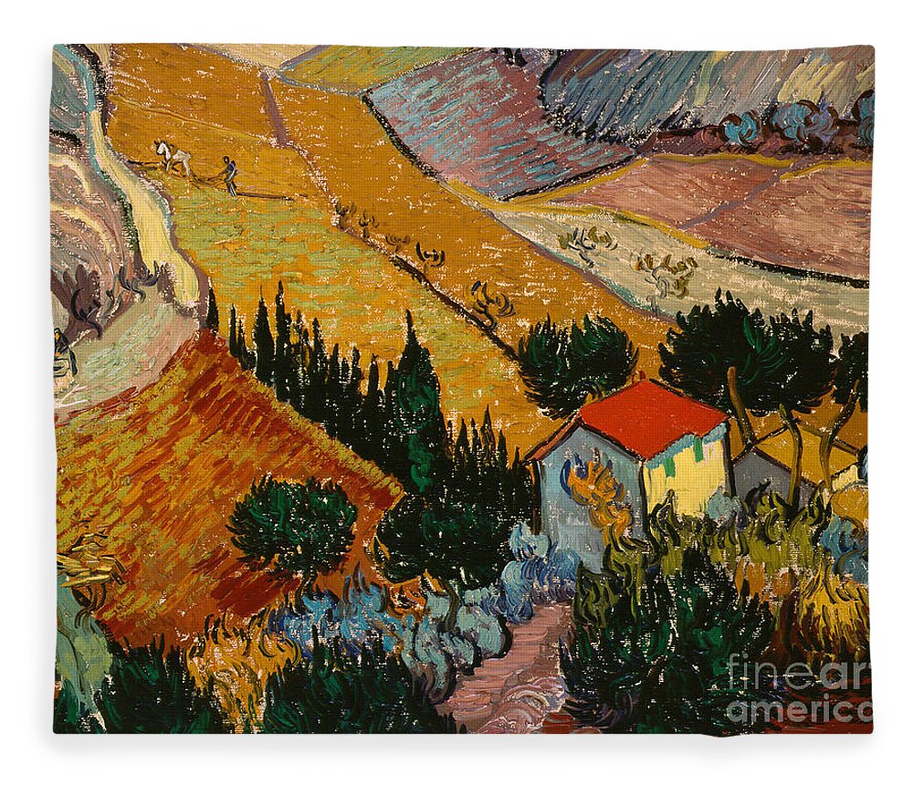 Landscape Fleece Blanket featuring the painting Landscape with House and Ploughman by Vincent Van Gogh