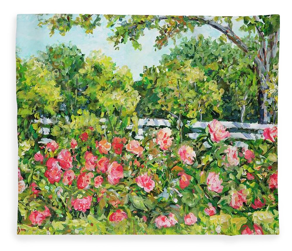 Landscape Fleece Blanket featuring the painting Landscape with Roses Fence by Ingrid Dohm
