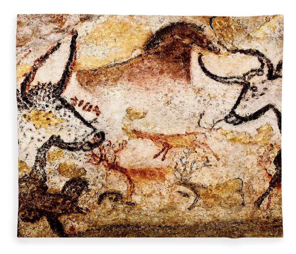 Lascaux Fleece Blanket featuring the digital art Lascaux Hall of the Bulls - Deer between Aurochs by Weston Westmoreland