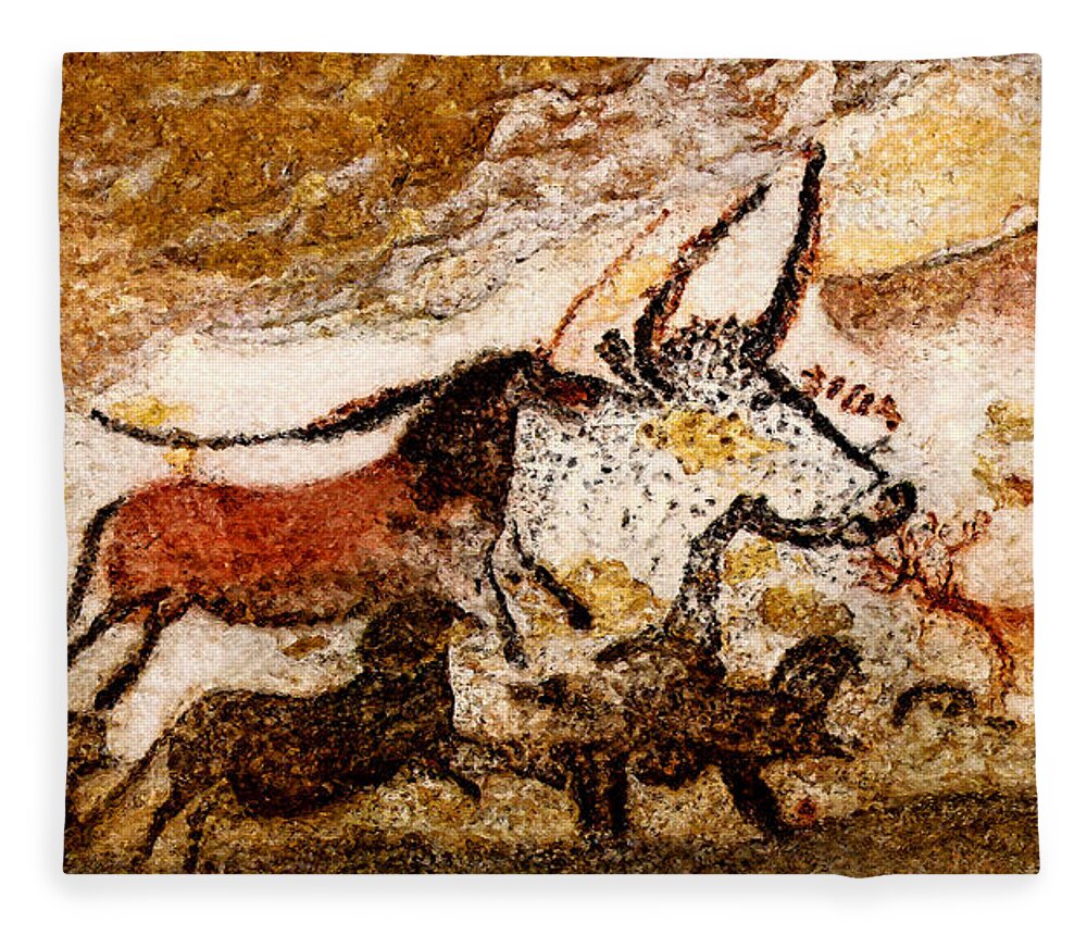 Lascaux Fleece Blanket featuring the digital art Lascaux Hall of the Bulls - Horses and Aurochs by Weston Westmoreland