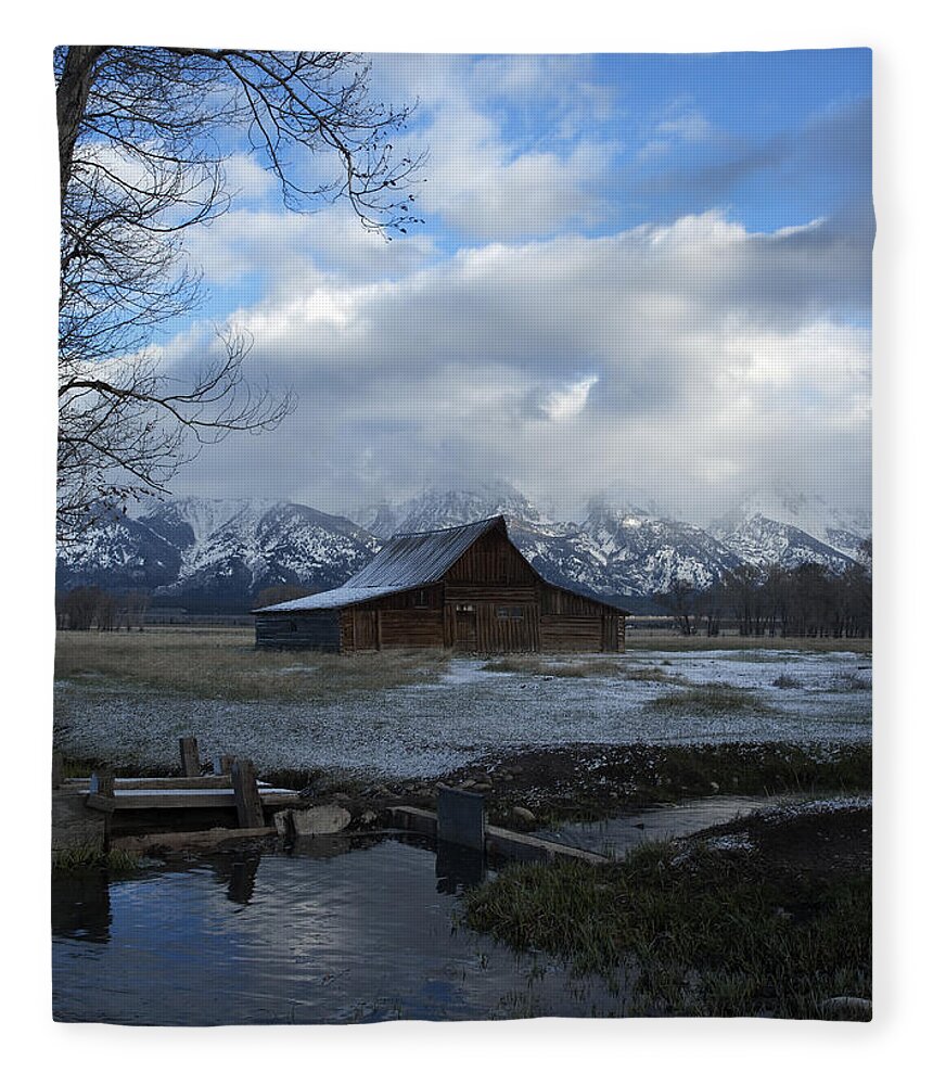 Late Snow Fleece Blanket featuring the photograph Late Snow on South Moulton barn by Gary Langley