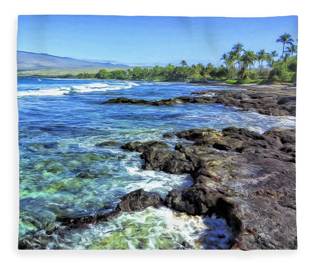 Hawaii Fleece Blanket featuring the painting Lava and Tidepools at Puako, Big Island by Dominic Piperata