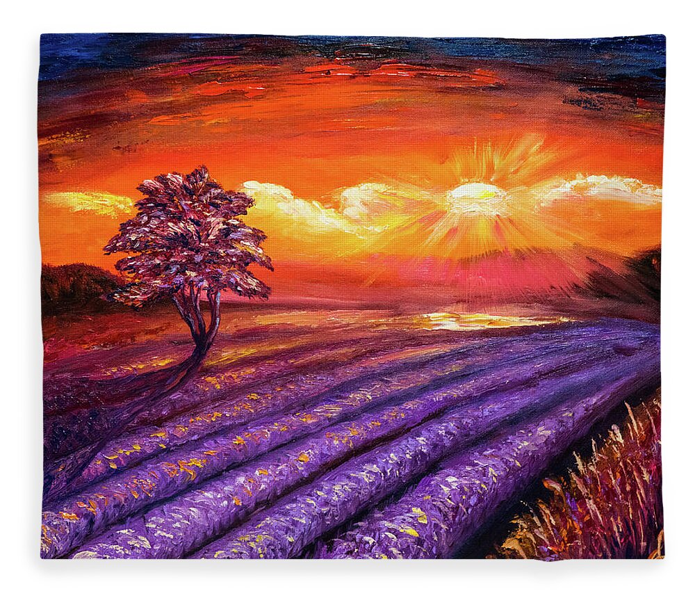 Lavender Fleece Blanket featuring the painting Lavender field at Sunset by Lilia S