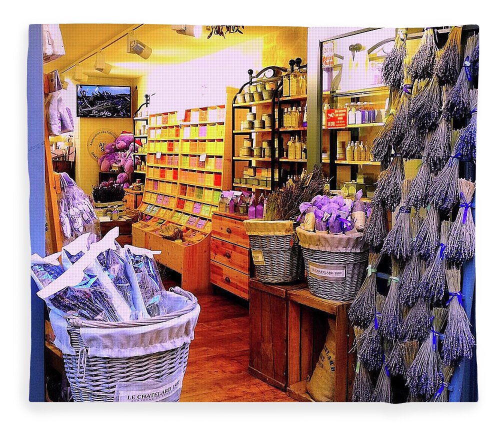 Lavenderprint Fleece Blanket featuring the photograph Lavender Shop in Southern France by Monique Wegmueller