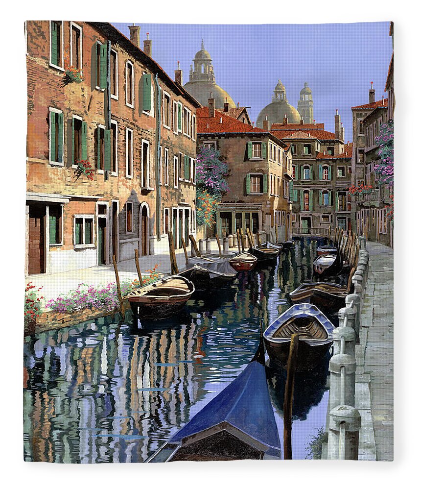 Venice Fleece Blanket featuring the painting Le Barche Sul Canale by Guido Borelli