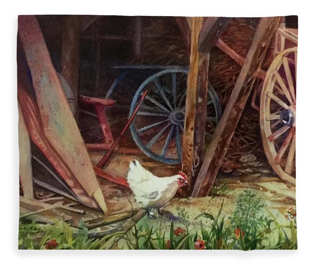 Country Fleece Blanket featuring the painting Le Hangar A Foin by Francoise Chauray