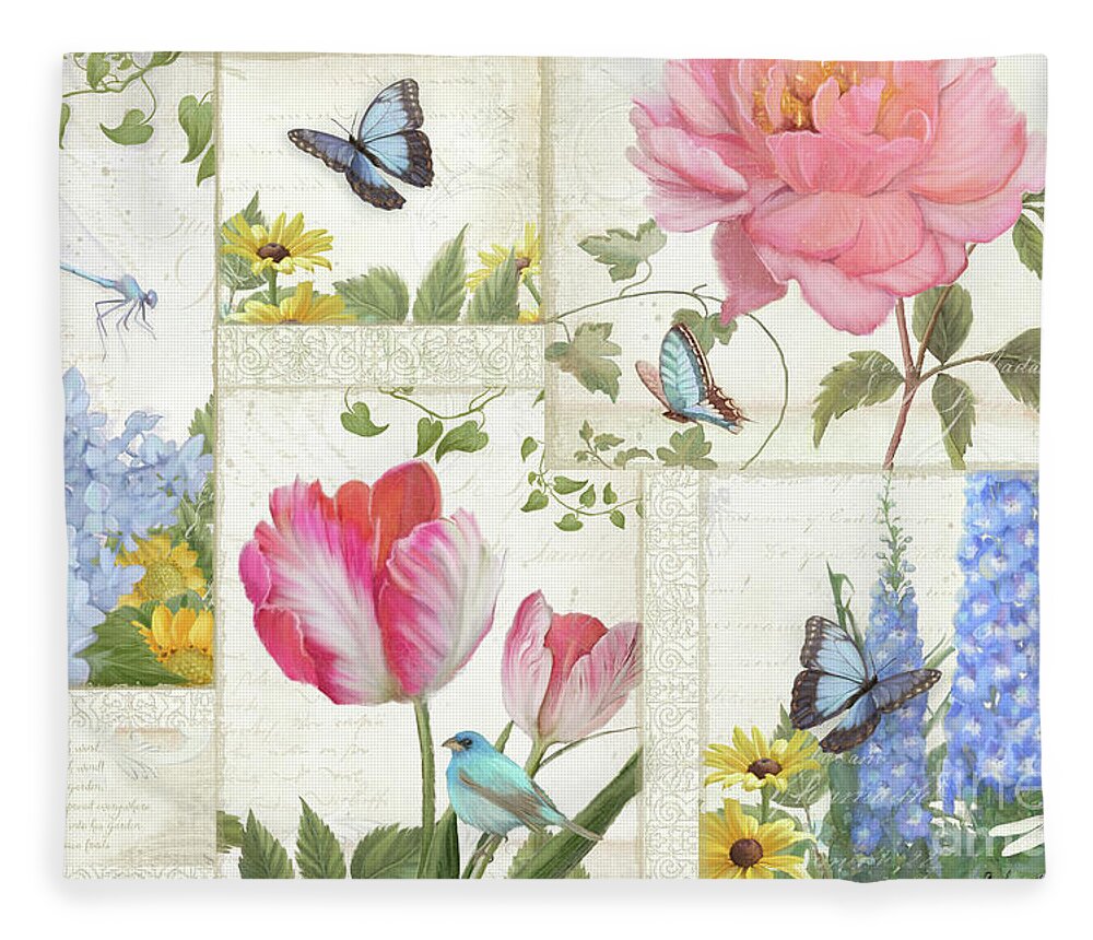 Collage Fleece Blanket featuring the painting Le Petit Jardin - Collage Garden Floral w Butterflies, Dragonflies and Birds by Audrey Jeanne Roberts