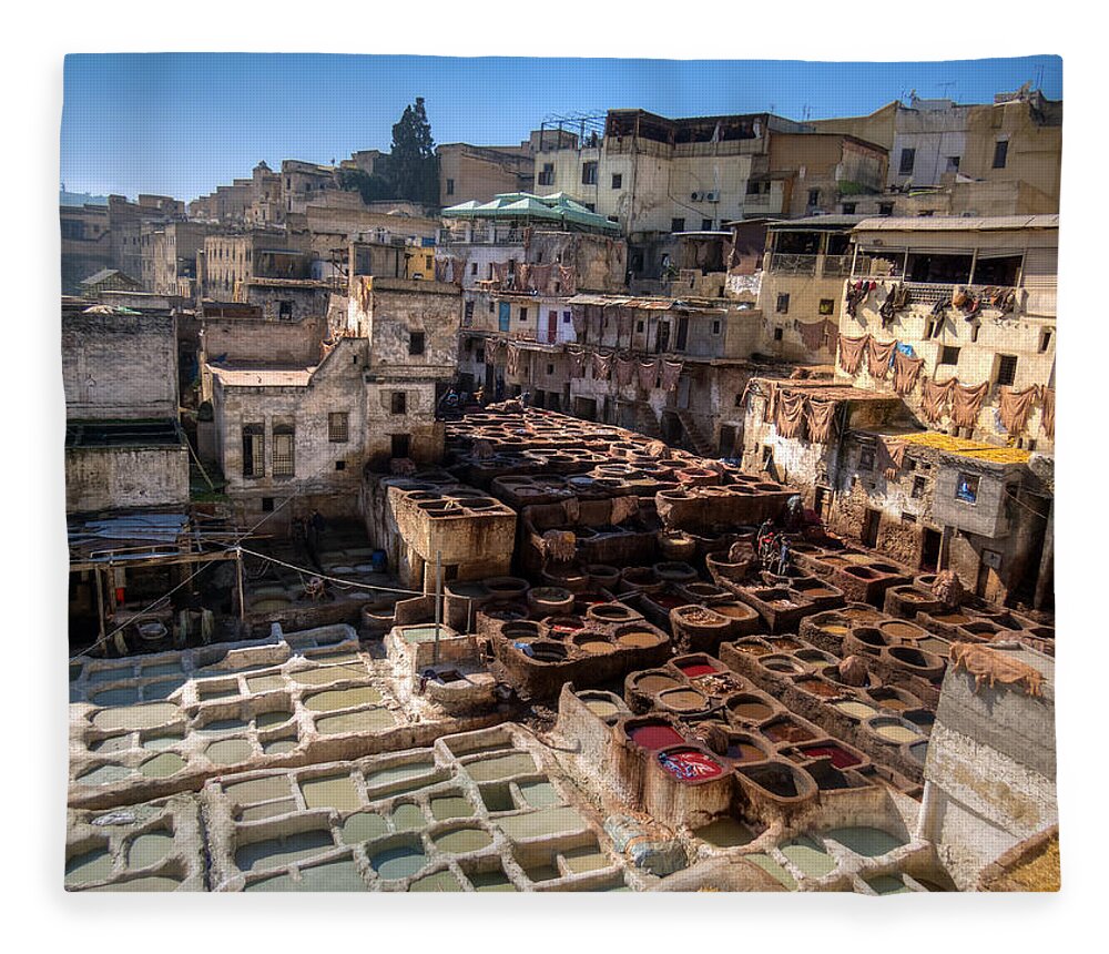 Fes Fleece Blanket featuring the photograph Leather tanneries of Fes - 6 #1 by Claudio Maioli