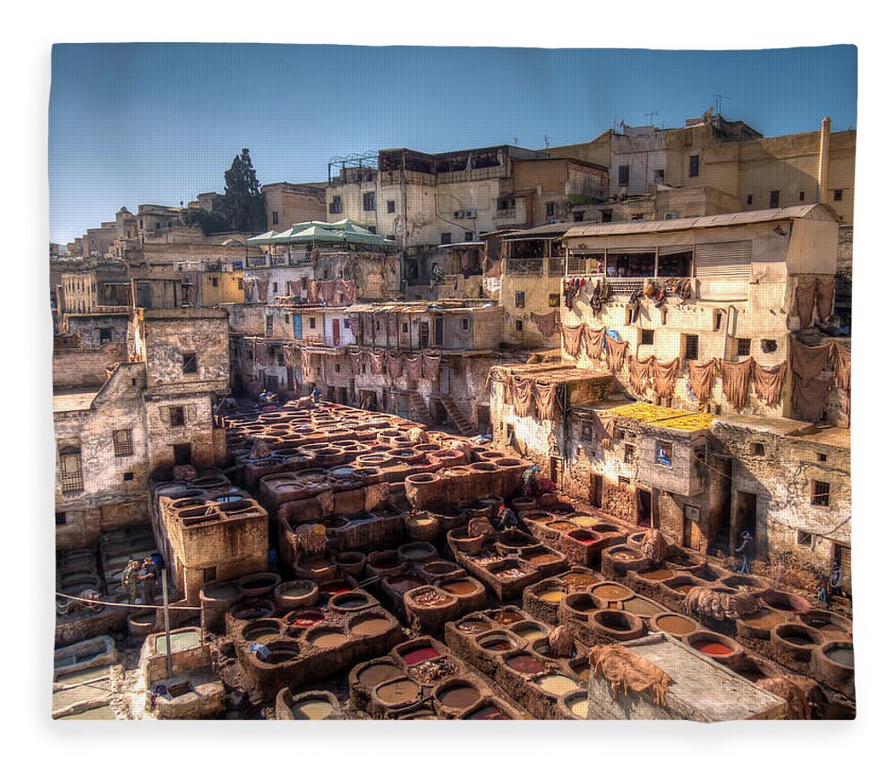 Fes Fleece Blanket featuring the photograph Leather tanneries of Fes - 5 by Claudio Maioli