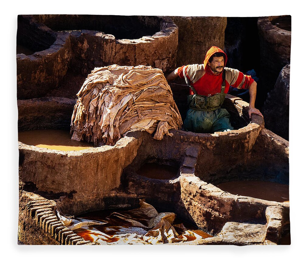 Fes Fleece Blanket featuring the photograph Leather tanneries of Fes - 11 by Claudio Maioli