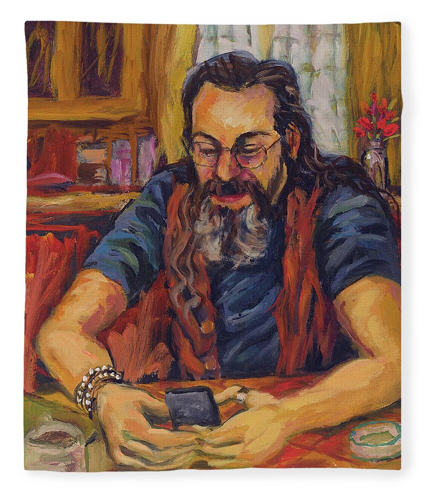 Mobile Fleece Blanket featuring the painting Lee at his mobile by Peregrine Roskilly