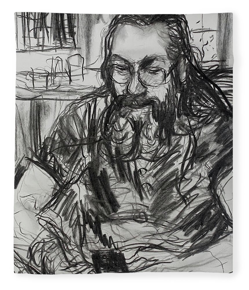 Charcoal Fleece Blanket featuring the drawing Lee on his mobile by Peregrine Roskilly