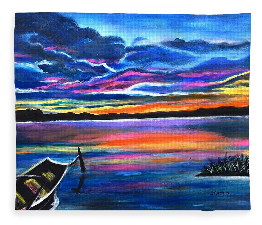Boat Fleece Blanket featuring the painting Left Alone a seascape boat painting at sunset by Manjiri Kanvinde