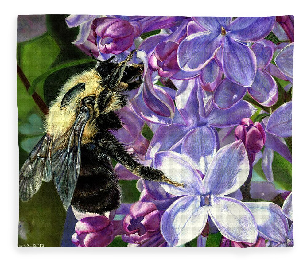 Bee Fleece Blanket featuring the drawing Life Among the Lilacs by Shana Rowe Jackson