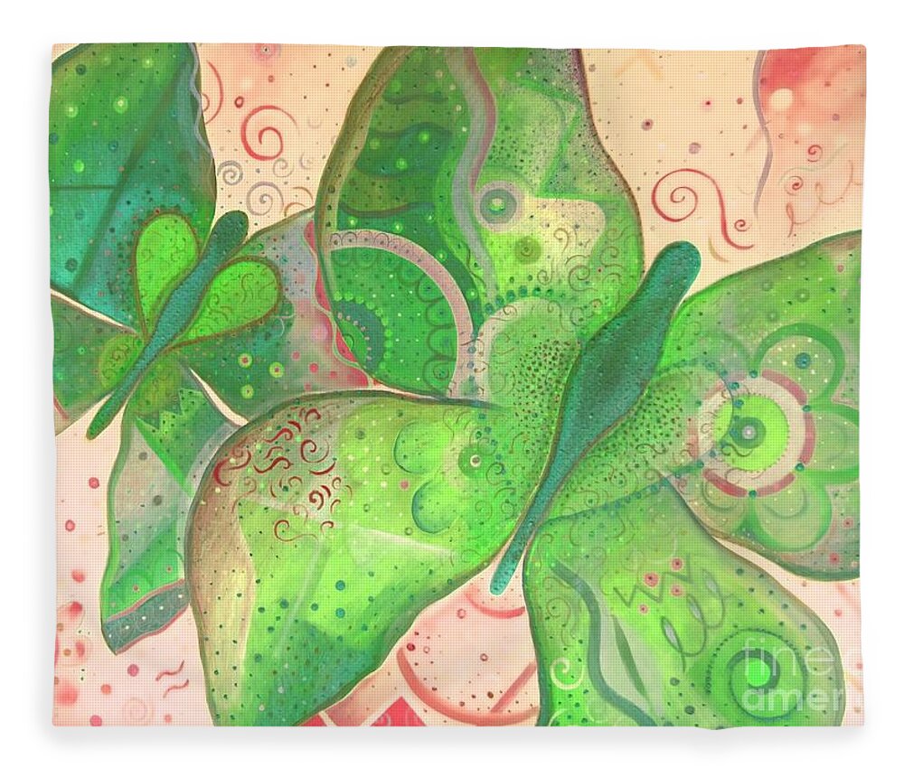 Moth Fleece Blanket featuring the painting Lighthearted In Green On Red by Helena Tiainen