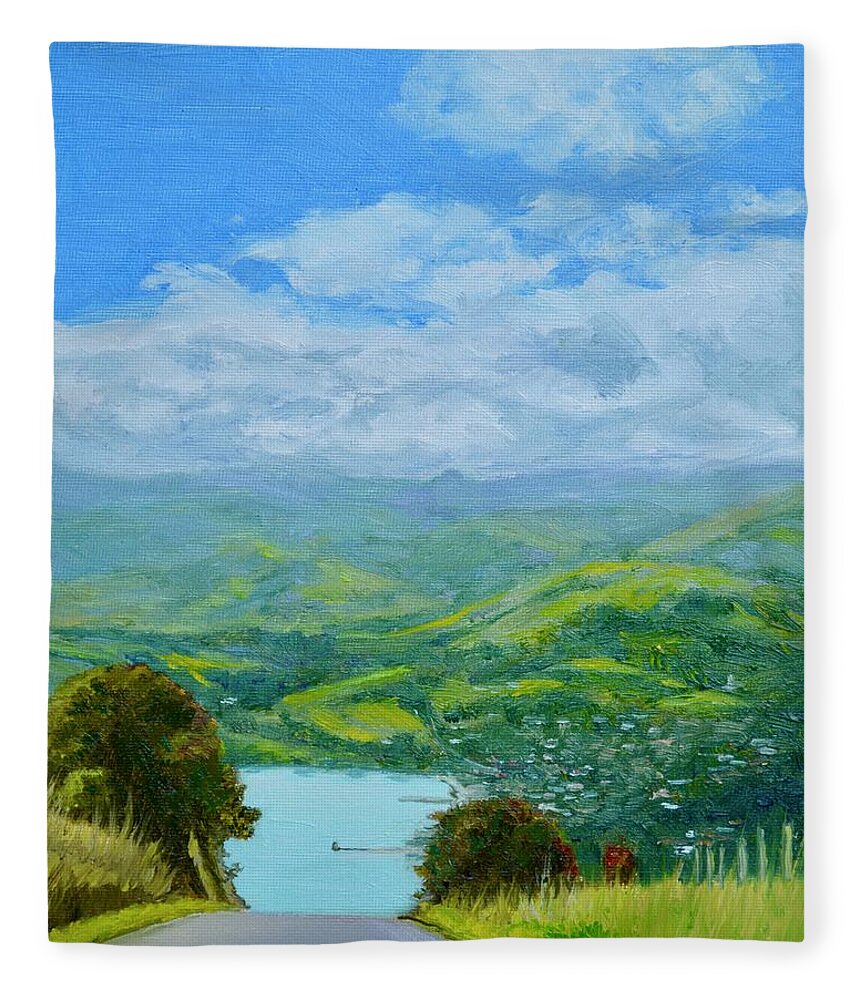 Volcano Fleece Blanket featuring the painting Lighthouse Road Akaroa New Zealand by Dai Wynn