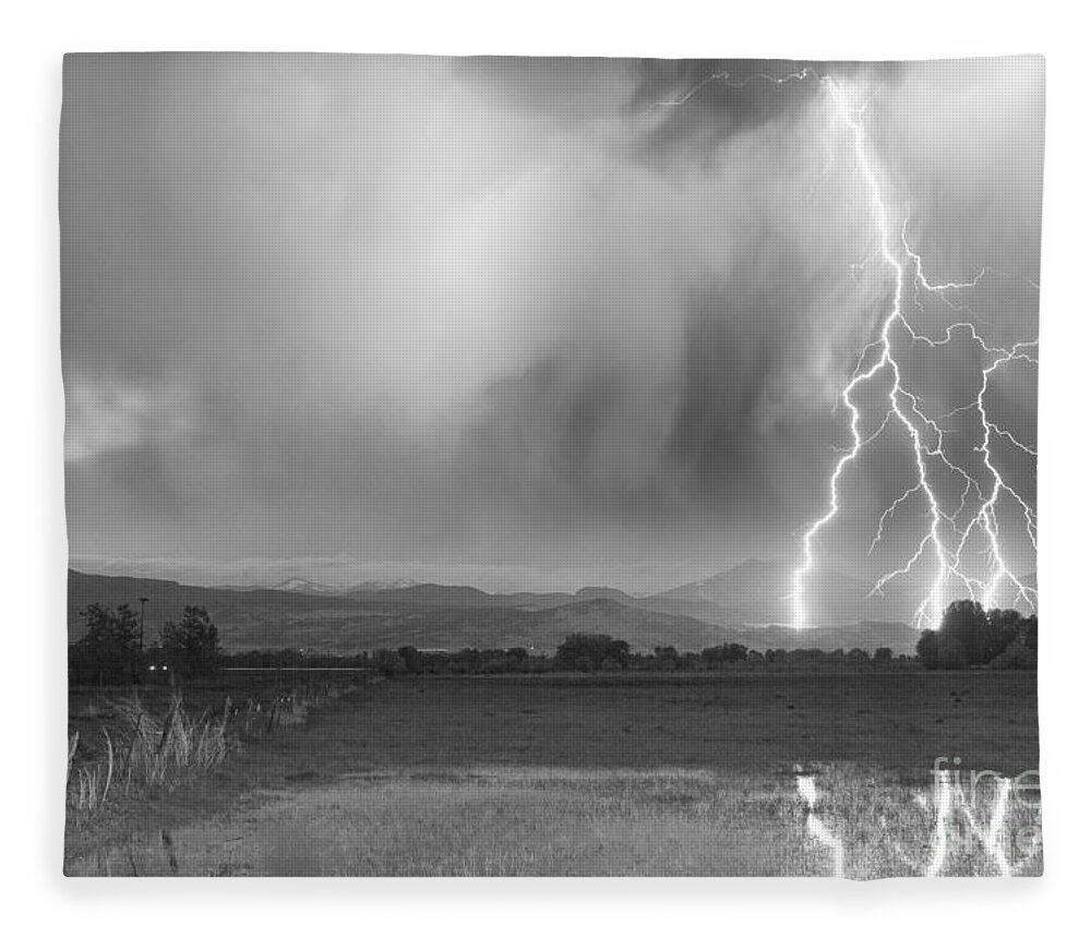 Lightning Fleece Blanket featuring the photograph Lightning Bolts Striking Longs Peak Foothills 6BW by James BO Insogna