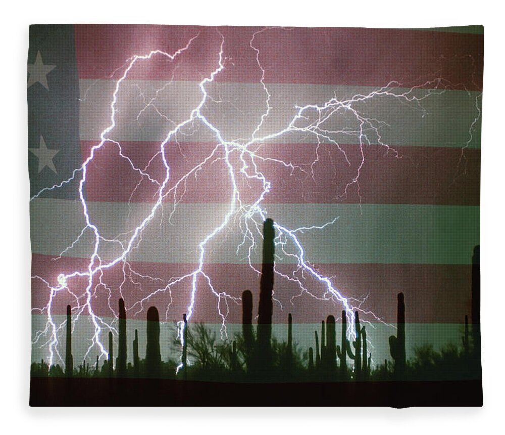 Americano Fleece Blanket featuring the photograph Lightning Storm in the USA Desert Flag Background by James BO Insogna