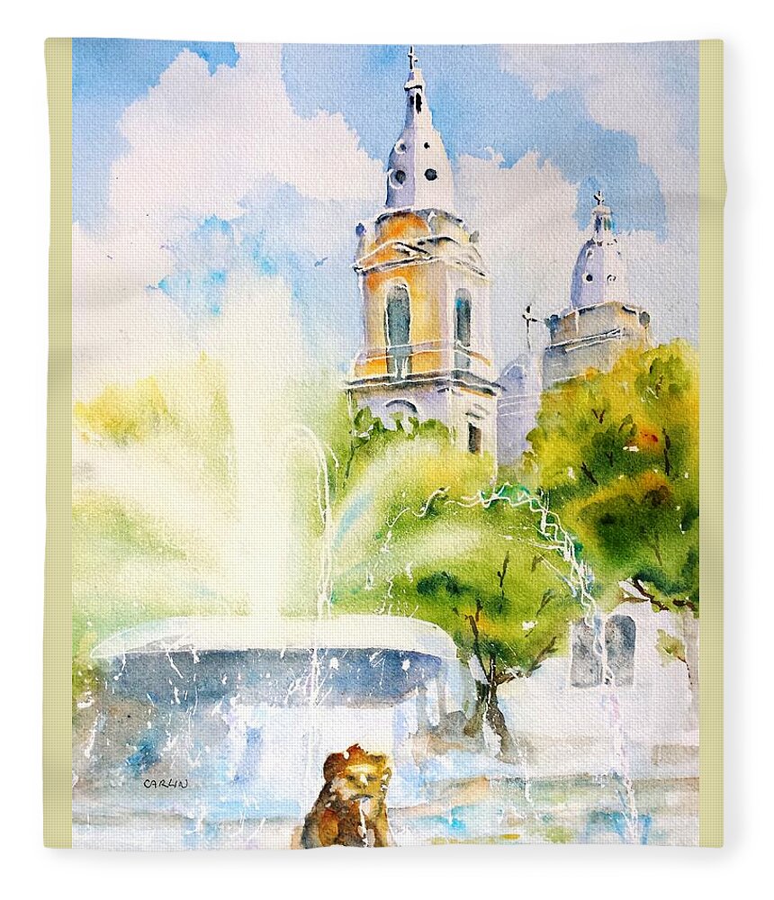 Puerto Rico Fleece Blanket featuring the painting Lions Fountain Plaza Las Delicias Ponce Cathedral Puerto Rico by Carlin Blahnik CarlinArtWatercolor