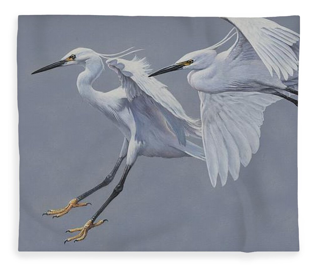 Wildlife Paintings Fleece Blanket featuring the painting Little Egrets in Flight by Alan M Hunt