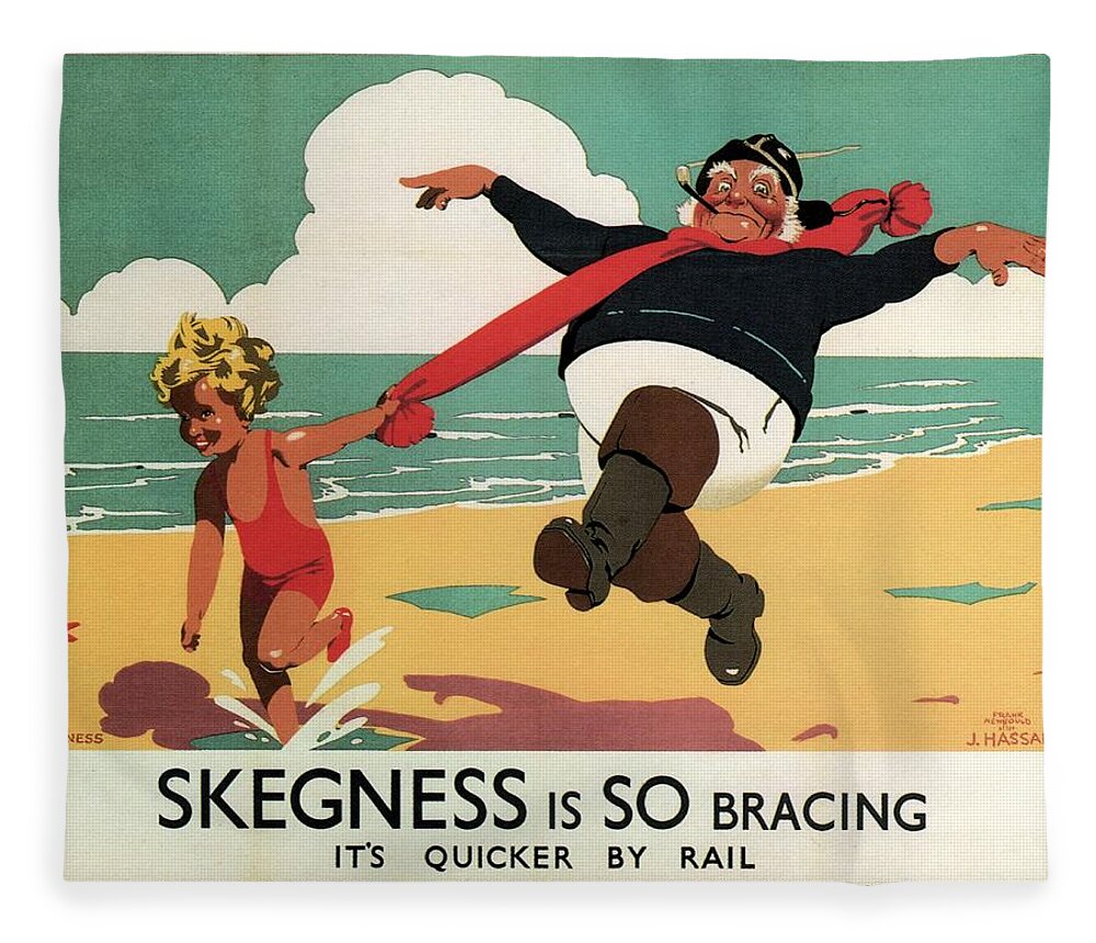 Little Girl And Old Man Playing Fleece Blanket featuring the painting Little Girl and Old man Playing on the beach in Skegness, Lincolnshire - Vintage Advertising Poster by Studio Grafiikka