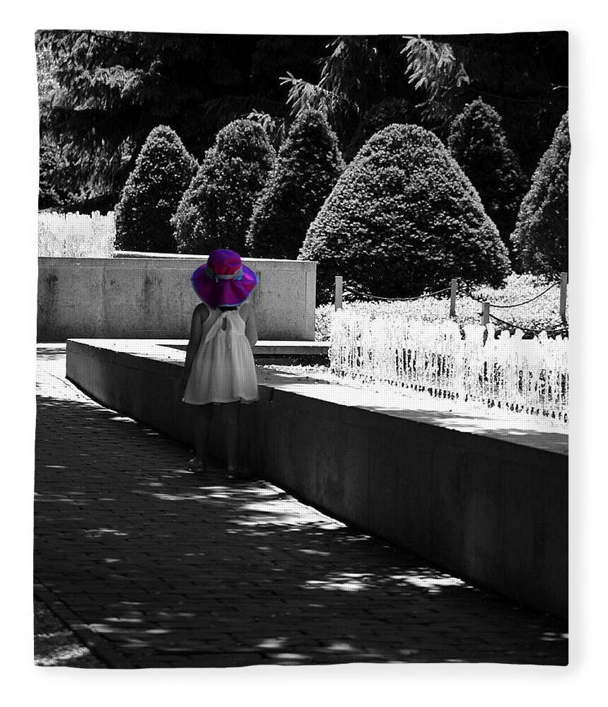 Selective Coloring Fleece Blanket featuring the photograph Little Girl in Magenta Hat Black and White Selective Color by Colleen Cornelius