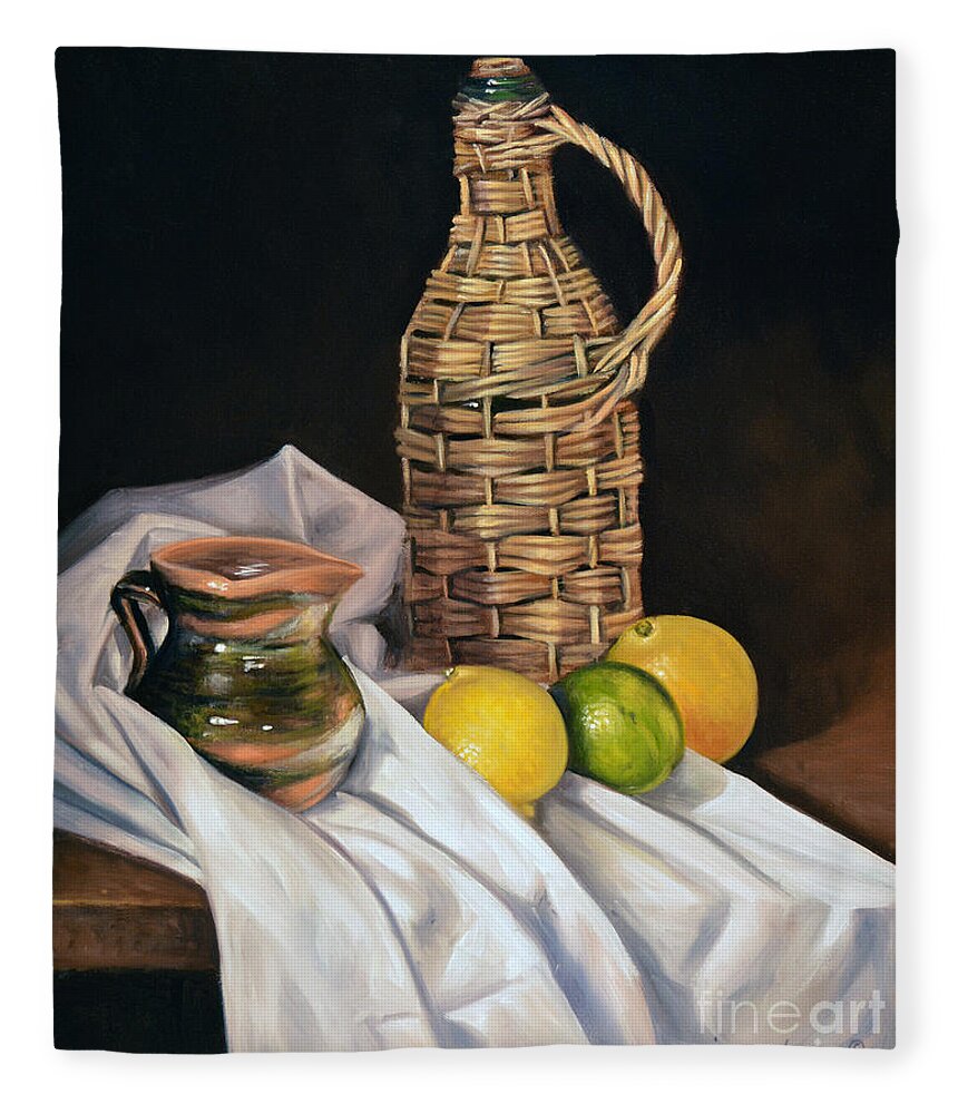 Wicker-bottle Fleece Blanket featuring the painting Little Green Jug by Ricardo Chavez-Mendez