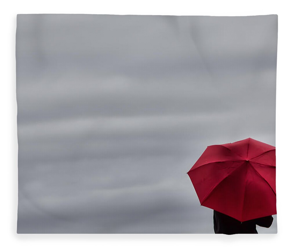 Umbrella Fleece Blanket featuring the photograph Little Red Umbrella in a Big Universe by Don Schwartz