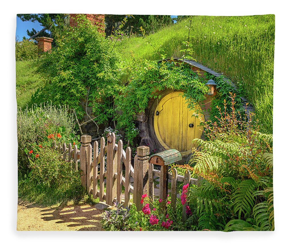 Hobbiton Fleece Blanket featuring the photograph Little Yellow Door by Racheal Christian