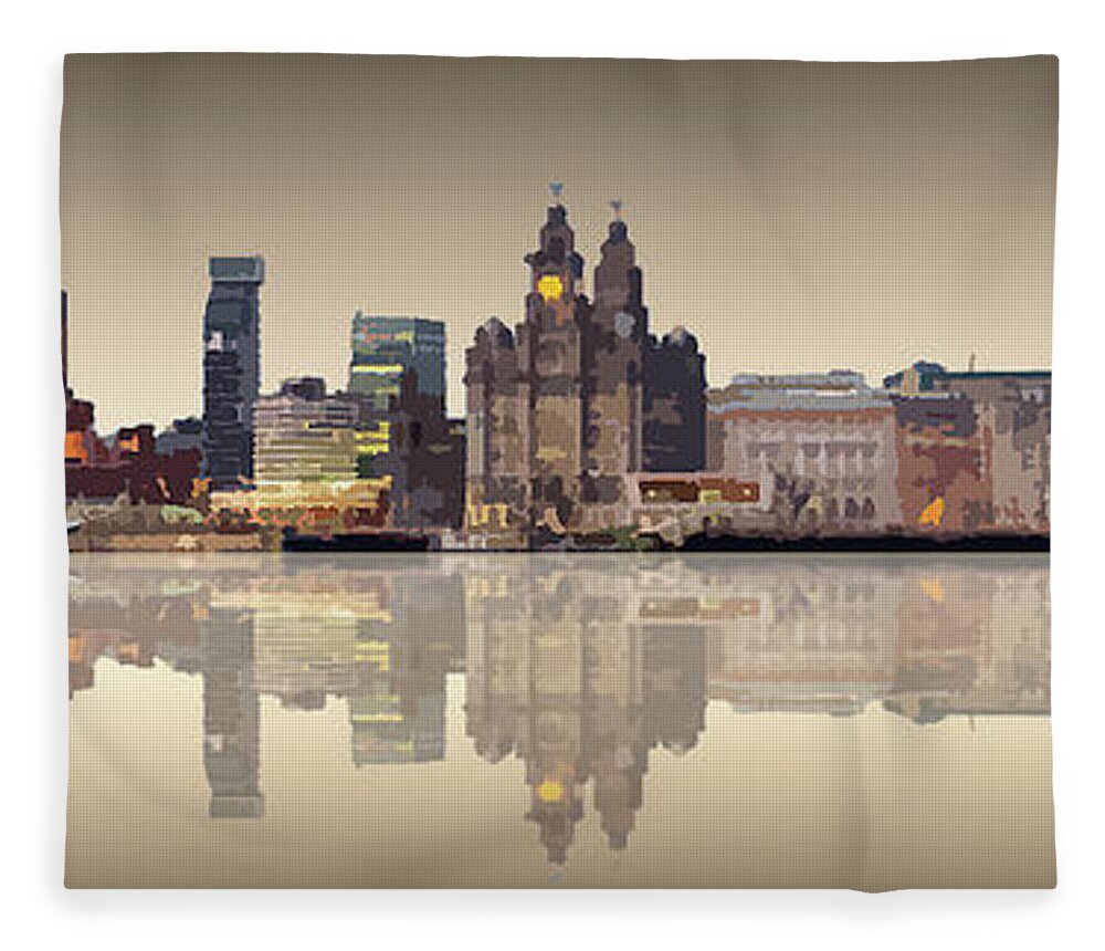 Liverpool Quayside Reflection Arty Fleece Blanket featuring the digital art Liverpool Quayside Reflection Arty by Joe Tamassy