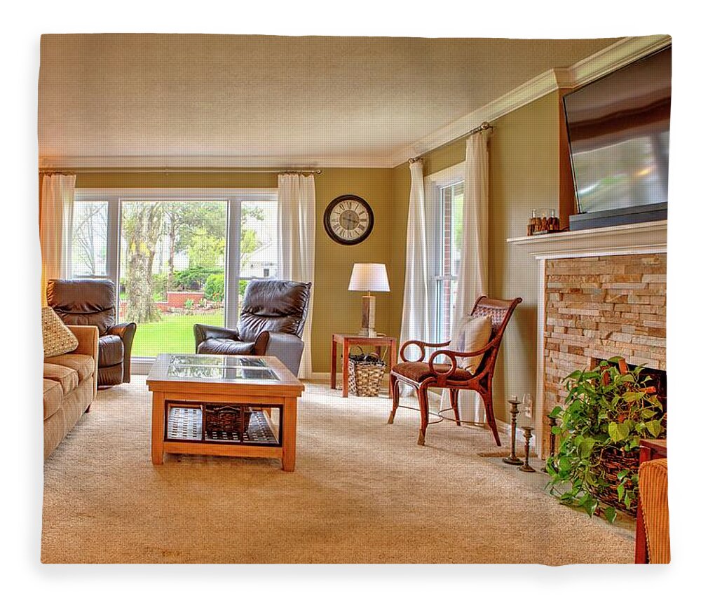 Living Room Fleece Blanket featuring the photograph Living Room with fireplace by Jeff Kurtz