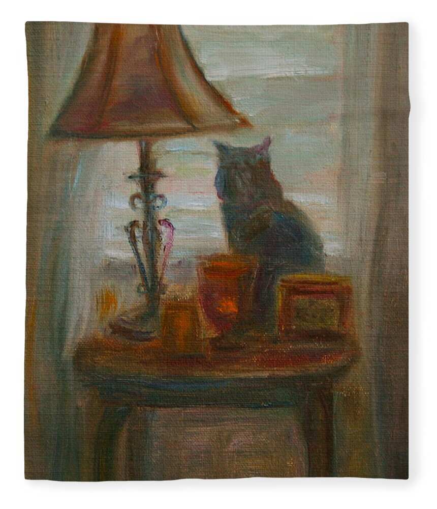Cat Fleece Blanket featuring the painting Longing- a Not-So-Stillife by Quin Sweetman