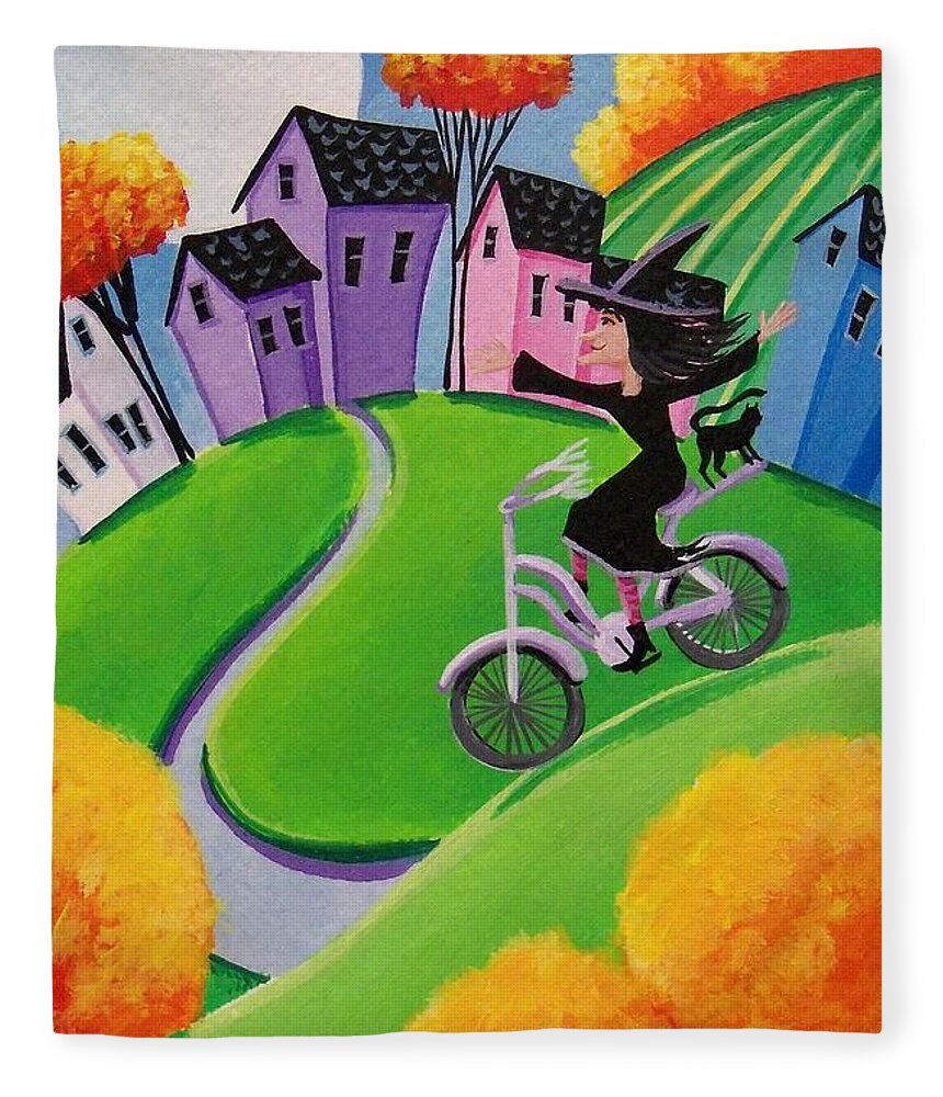 Witch Fleece Blanket featuring the painting Look No Hands  witch cat ridng bike by Debbie Criswell